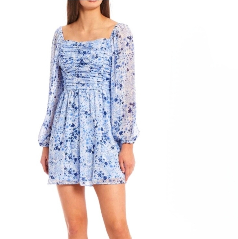 Baby‎ Doll Bubble Long Sleeve Ruched Floral Chiffon Dress Blue Womens Size S